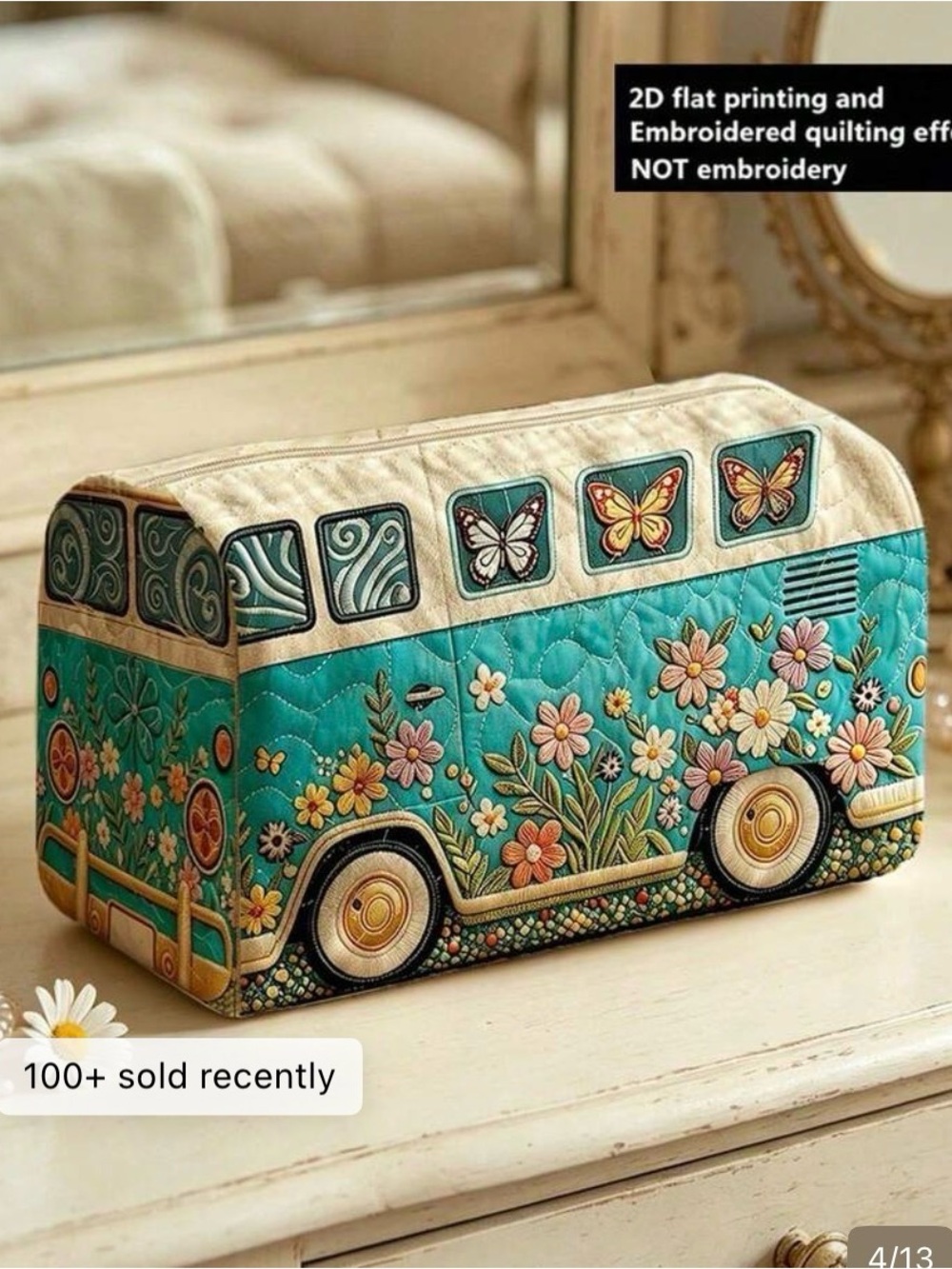 Turquoise Floral Camper Cosmetic Bag - Quilted Toiletry Case